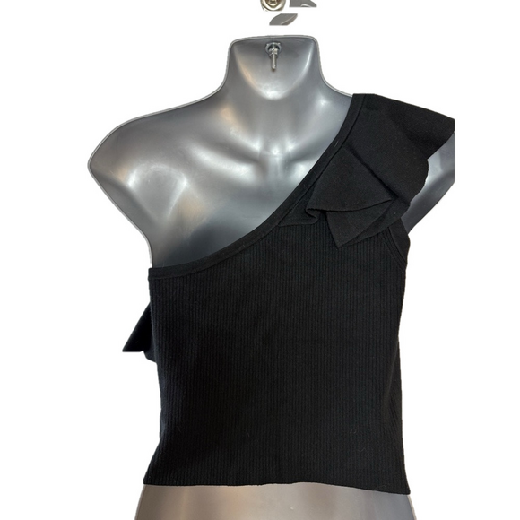 Express Black Body Contour Ruffle One Shoulder Cropped Sweater Tank SKU0545 - Picture 5 of 7